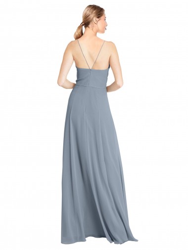 Azul Empoeirado Chiffon Linha A Abrir de volta Decote V Longo Vestidos de Madrinha