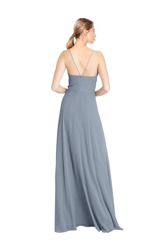 Azul Empoeirado Chiffon Linha A Abrir de volta Decote V Longo Vestidos de Madrinha
