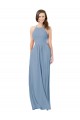 Azul Empoeirado Chiffon Linha A Buraco da fechadura Cabeçada Longo Vestidos de Madrinha