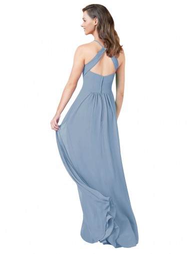 Azul Empoeirado Chiffon Linha A Buraco da fechadura Cabeçada Longo Vestidos de Madrinha