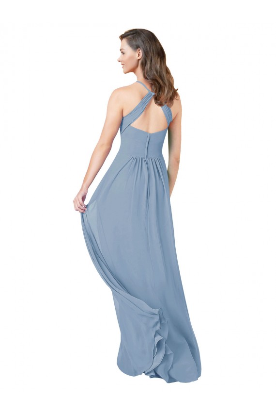 Azul Empoeirado Chiffon Linha A Buraco da fechadura Cabeçada Longo Vestidos de Madrinha