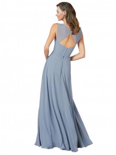 Azul Empoeirado Chiffon Linha A Buraco da fechadura Decote V Longo Vestidos de Madrinha