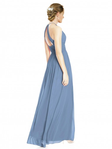 Azul Empoeirado Chiffon Linha A Cabeçada Longo Vestidos de Madrinha