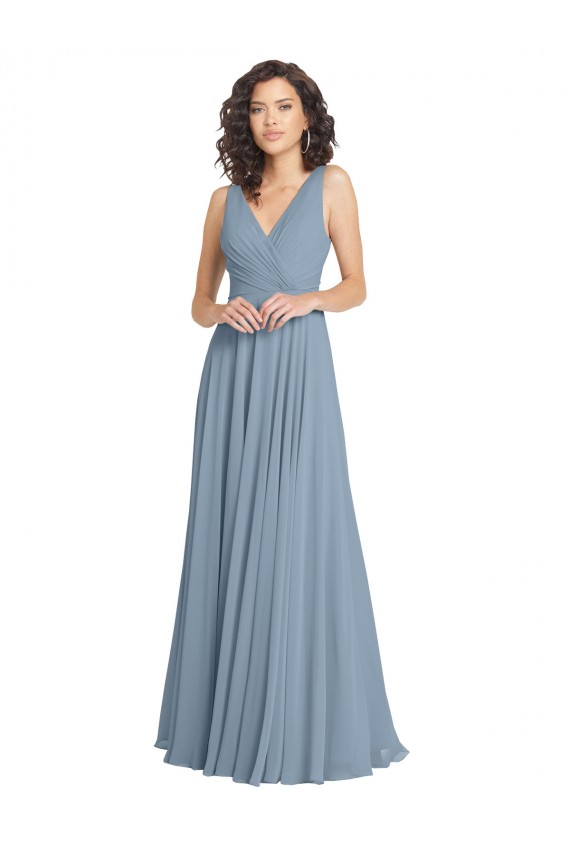 Azul Empoeirado Chiffon Linha A Costas em V Decote V Longo Vestidos de Madrinha
