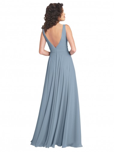 Azul Empoeirado Chiffon Linha A Costas em V Decote V Longo Vestidos de Madrinha
