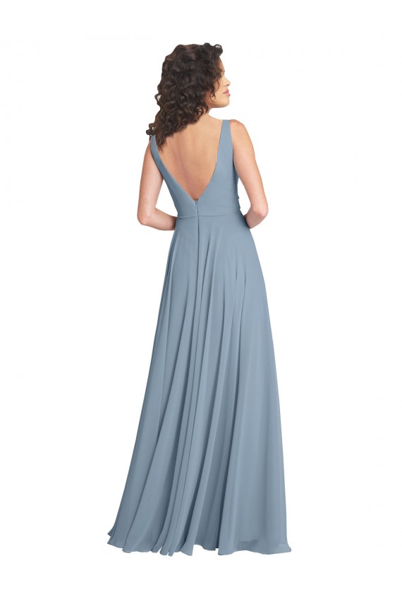 Azul Empoeirado Chiffon Linha A Costas em V Decote V Longo Vestidos de Madrinha
