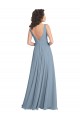 Azul Empoeirado Chiffon Linha A Costas em V Decote V Longo Vestidos de Madrinha