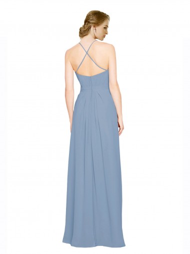 Azul Empoeirado Chiffon Linha A Criss Cruz Decote Alto Longo Vestidos de Madrinha