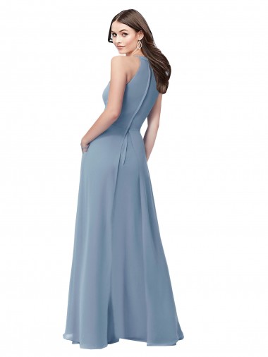 Azul Empoeirado Chiffon Linha A Decote Alto Longo Vestidos de Madrinha