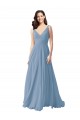 Azul Empoeirado Chiffon Linha A Decote V Longo Vestidos de Madrinha