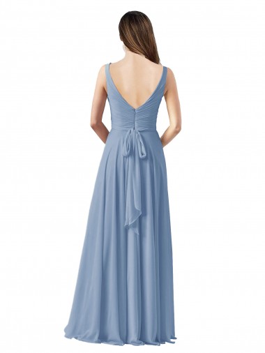 Azul Empoeirado Chiffon Linha A Decote V Longo Vestidos de Madrinha