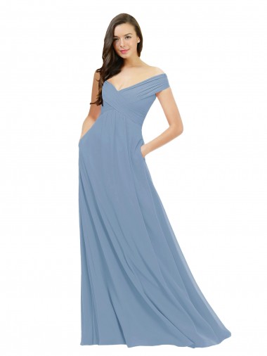 Azul Empoeirado Chiffon Linha A Fora do Ombro Longo Vestidos de Madrinha