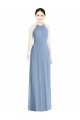 Azul Empoeirado Chiffon Linha A Lombar Cabeçada Longo Vestidos de Madrinha