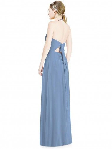 Azul Empoeirado Chiffon Linha A Lombar Cabeçada Longo Vestidos de Madrinha
