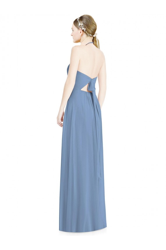 Azul Empoeirado Chiffon Linha A Lombar Cabeçada Longo Vestidos de Madrinha
