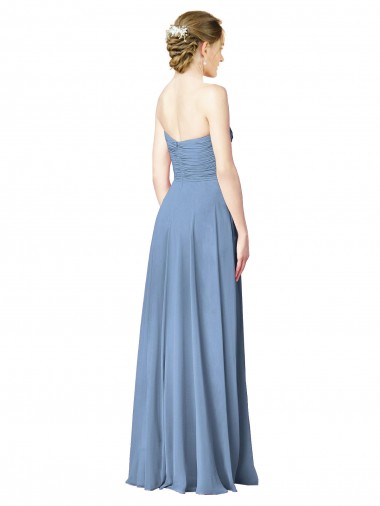 Azul Empoeirado Chiffon Linha A Lombar Sem alças Longo Vestidos de Madrinha