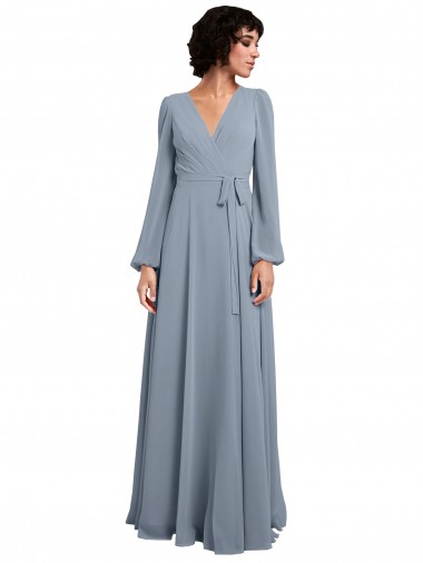 Azul Empoeirado Chiffon Linha A Mangas Compridas Decote V Longo Vestidos de Madrinha