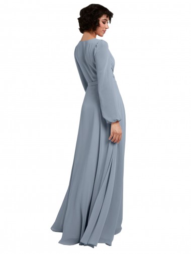 Azul Empoeirado Chiffon Linha A Mangas Compridas Decote V Longo Vestidos de Madrinha