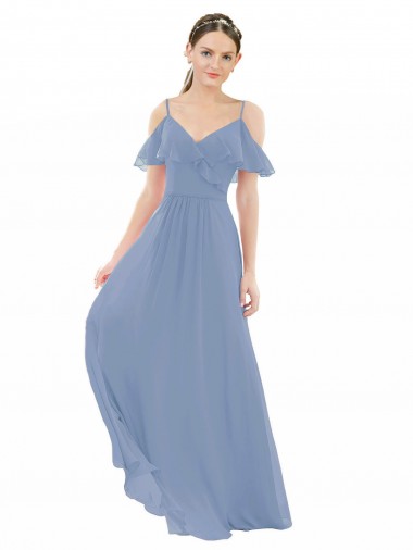 Azul Empoeirado Chiffon Linha A Mangas Curtas Decote V Longo Vestidos de Madrinha