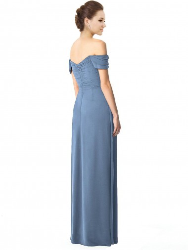 Azul Empoeirado Chiffon Linha A Mangas Curtas Fora do Ombro Longo Vestidos de Madrinha