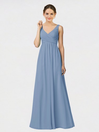 Azul Empoeirado Chiffon Linha A Sem Mangas Alças finas Longo Vestidos de Madrinha