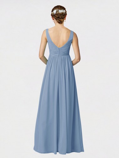 Azul Empoeirado Chiffon Linha A Sem Mangas Alças finas Longo Vestidos de Madrinha
