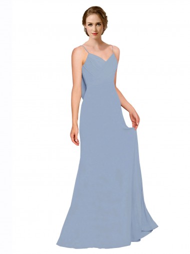 Azul Empoeirado Chiffon Linha A Sem Mangas Alças finas Longo Vestidos de Madrinha