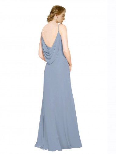 Azul Empoeirado Chiffon Linha A Sem Mangas Alças finas Longo Vestidos de Madrinha