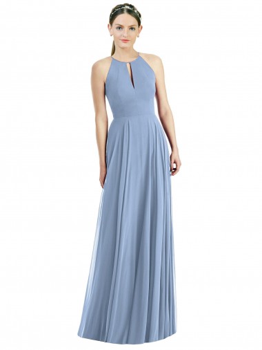 Azul Empoeirado Chiffon Linha A Sem Mangas Cabeçada Longo Vestidos de Madrinha