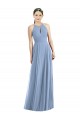 Azul Empoeirado Chiffon Linha A Sem Mangas Cabeçada Longo Vestidos de Madrinha