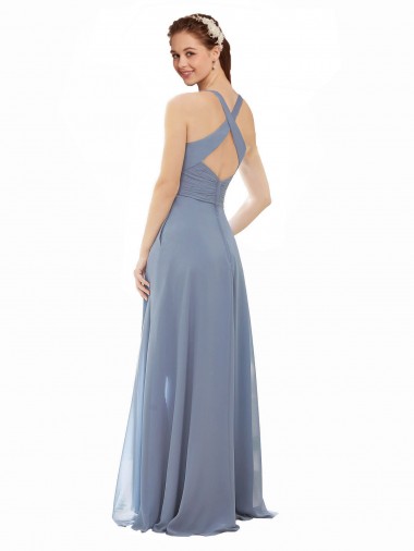 Azul Empoeirado Chiffon Linha A Sem Mangas Decote Alto Longo Vestidos de Madrinha