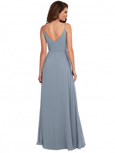Azul Empoeirado Chiffon Linha A Sem Mangas Decote Capuz Longo Vestidos de Madrinha