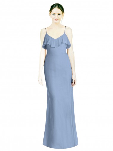 Azul Empoeirado Chiffon Linha A Sem Mangas Decote V Abrir de volta Longo Vestidos de Madrinha / Vestidos de Baile