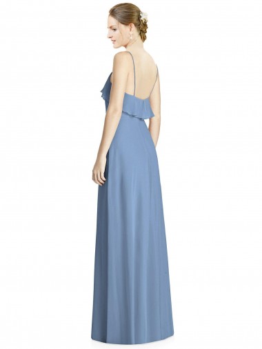 Azul Empoeirado Chiffon Linha A Sem Mangas Decote V Abrir de volta Longo Vestidos de Madrinha / Vestidos de Baile