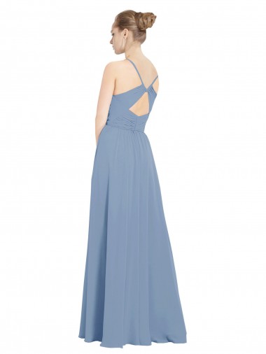 Azul Empoeirado Chiffon Linha A Sem Mangas Decote V Costas em V Longo Vestidos de Madrinha
