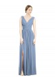 Azul Empoeirado Chiffon Linha A Sem Mangas Decote V Longo Vestidos de Madrinha