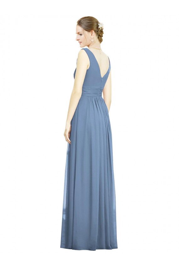 Azul Empoeirado Chiffon Linha A Sem Mangas Decote V Longo Vestidos de Madrinha