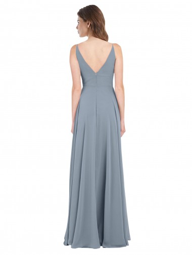 Azul Empoeirado Chiffon Linha A Sem Mangas Decote V Longo Vestidos de Madrinha