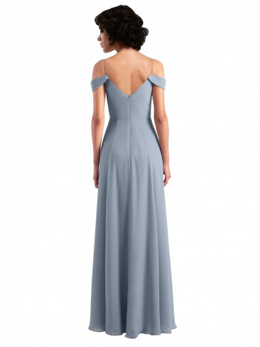 Azul Empoeirado Chiffon Linha A Sem Mangas Fora do Ombro Longo Vestidos de Madrinha