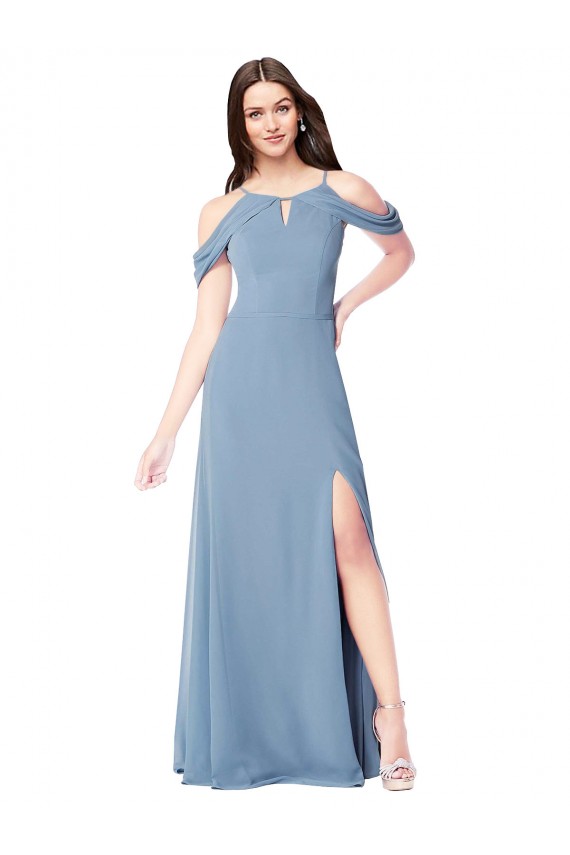 Azul Empoeirado Chiffon Linha A Sem Mangas Fora do Ombro Longo Vestidos de Madrinha Acessíveis