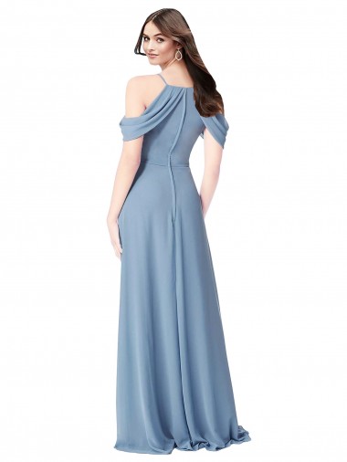 Azul Empoeirado Chiffon Linha A Sem Mangas Fora do Ombro Longo Vestidos de Madrinha