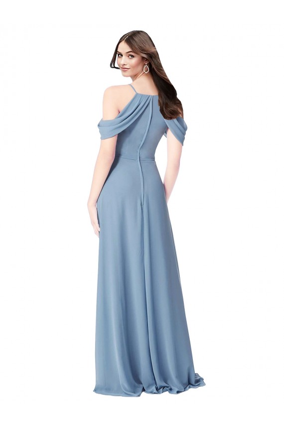 Azul Empoeirado Chiffon Linha A Sem Mangas Fora do Ombro Longo Vestidos de Madrinha Acessíveis