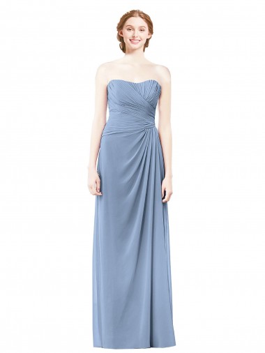 Azul Empoeirado Chiffon Linha A Sem Mangas Sem alças Longo Vestidos de Madrinha