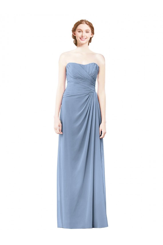 Azul Empoeirado Chiffon Linha A Sem Mangas Sem alças Longo Vestidos de Madrinha Acessíveis
