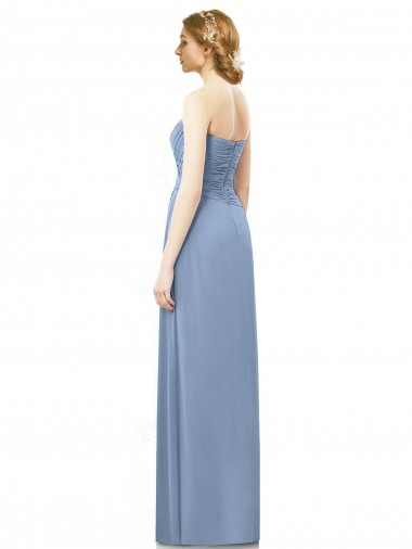 Azul Empoeirado Chiffon Linha A Sem Mangas Sem alças Longo Vestidos de Madrinha