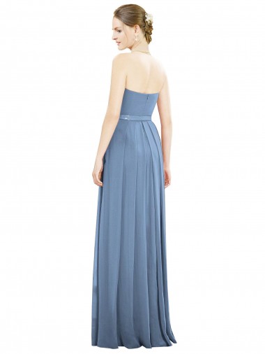 Azul Empoeirado Chiffon Linha A Sem Mangas Sem alças Longo Vestidos de Madrinha