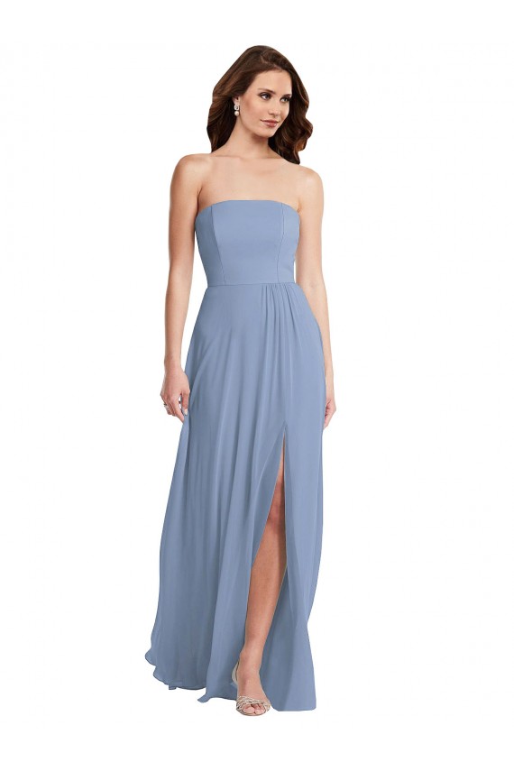 Azul Empoeirado Chiffon Linha A Sem Mangas Sem alças Longo Vestidos de Madrinha / Vestidos de Noite Acessíveis