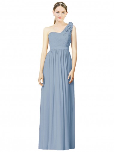 Azul Empoeirado Chiffon Linha A Sem Mangas Um Ombro Longo Vestidos de Madrinha