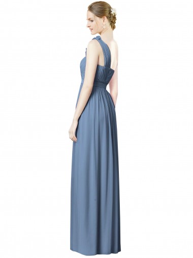 Azul Empoeirado Chiffon Linha A Sem Mangas Um Ombro Longo Vestidos de Madrinha
