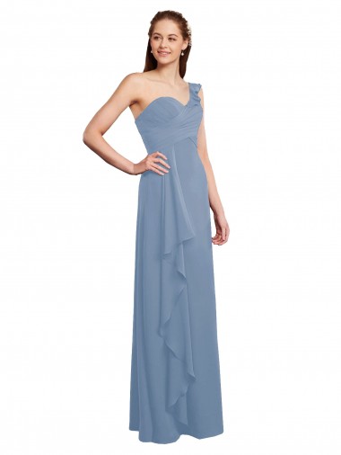 Azul Empoeirado Chiffon Linha A Sem Mangas Um Ombro Longo Vestidos de Madrinha